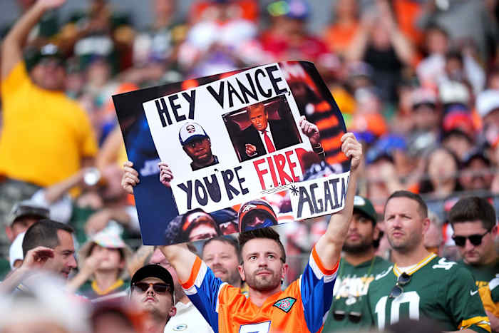 Denver Broncos fan holds a sign in reference to defensive coordinator Vance Joseph (not pictured) in the second half against the Green Bay Packers at Empower Field at Mile High.